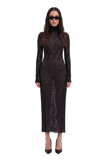 Backless Black Lace Long Sleeve Turtleneck Dress Seduction