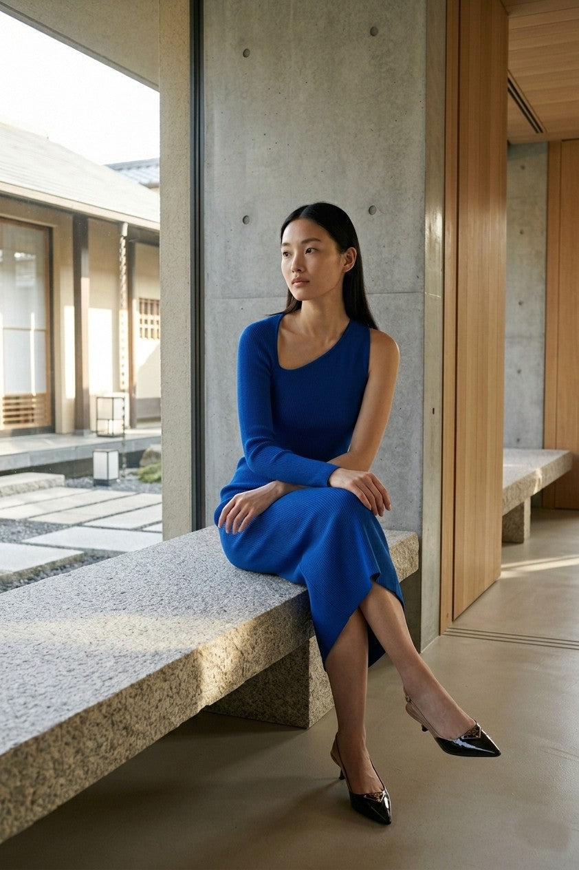 Blue One Sleeve Asymmetric Neck Bodycon Evening Minimalist Midi Dress