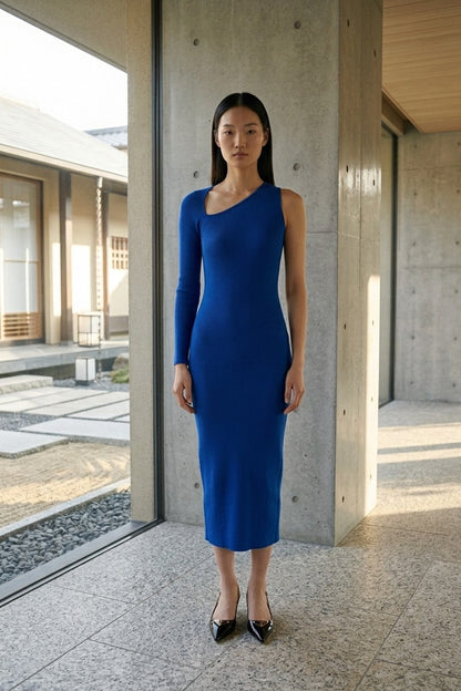 Blue One Sleeve Asymmetric Neck Bodycon Evening Minimalist Midi Dress