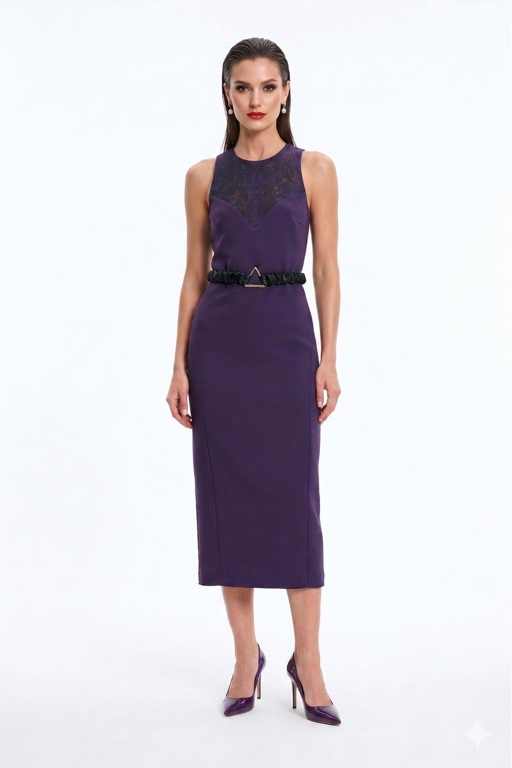 Purple Sleeveless Crew Neck Backless Lace Belted Bodycon Evening Midi Dress
