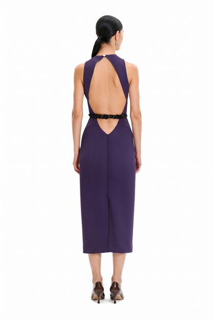 Purple Sleeveless Crew Neck Backless Lace Belted Bodycon Evening Midi Dress