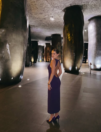 Purple Sleeveless Crew Neck Backless Lace Belted Bodycon Evening Midi Dress