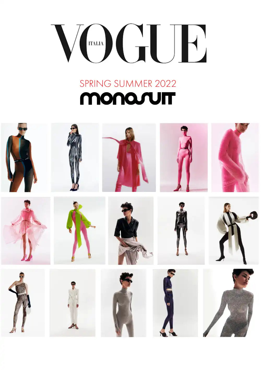 Fashion editorial layout from Vogue magazine showcasing various monosuit designs in different colors and styles.