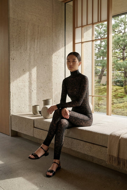 Black Floral Lace Long Sleeve Turtleneck Full Bodysuit