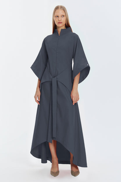 Gray Kimono Sleeve High Neck Asymmetrical Belted Futuristic