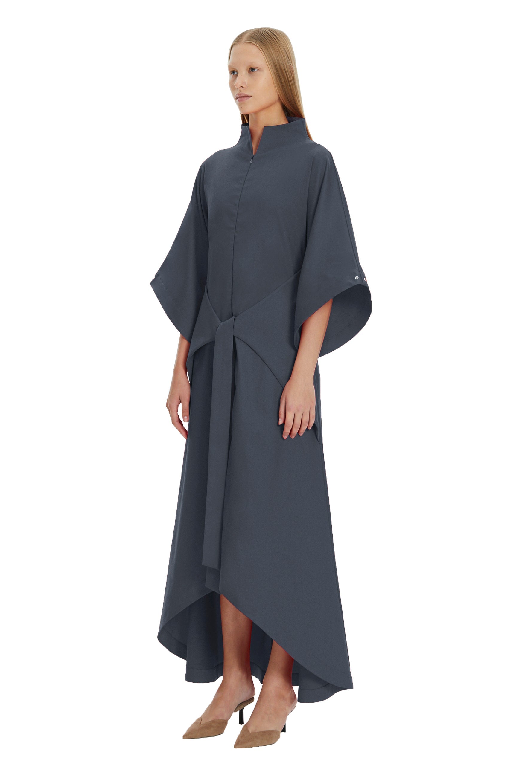 Gray Kimono Sleeve High Neck Asymmetrical Belted Futuristic