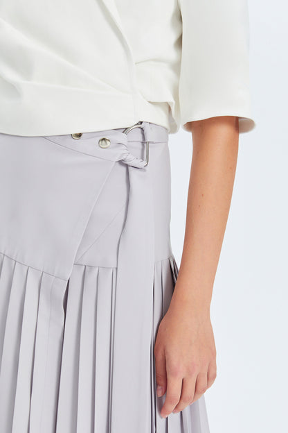 Gray Midi High-Waist Asymmetrical Pleated Skirt - S-L