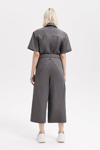 Gray Short Sleeve Collared Belted Wide-Leg Casual Jumpsuit