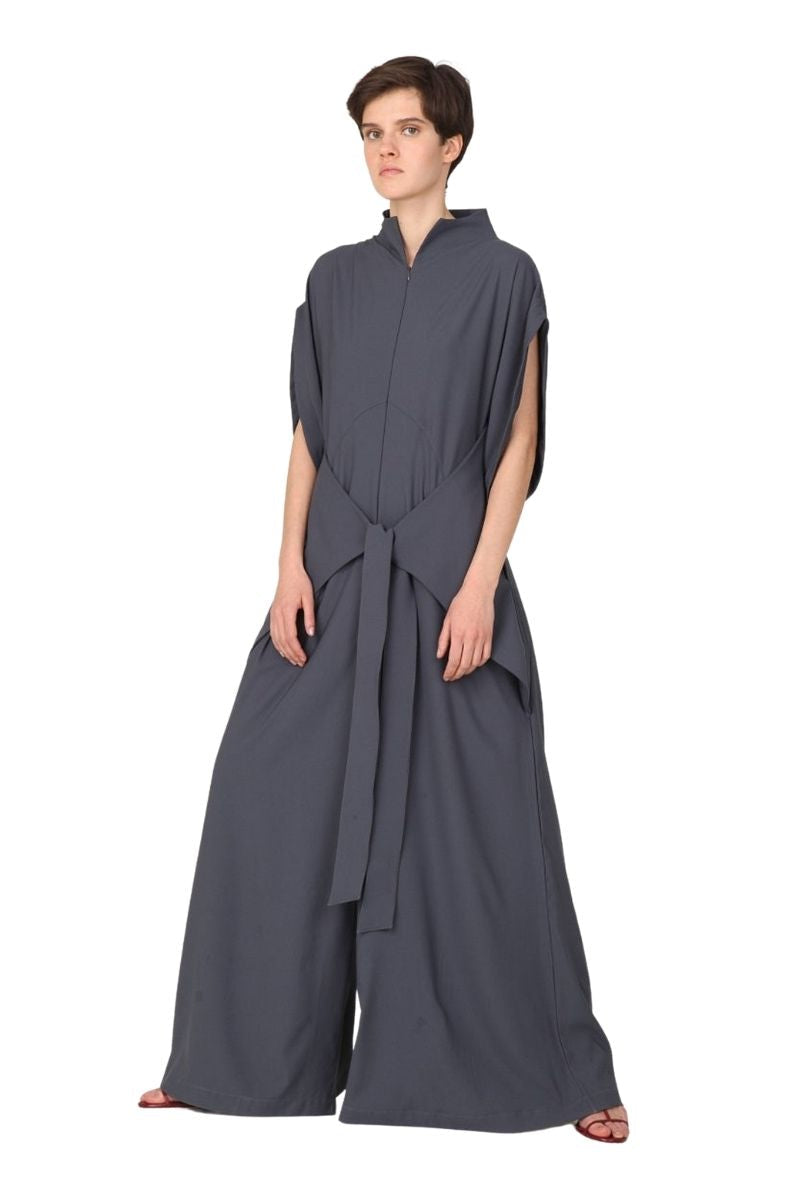 Gray Short Sleeve High Neck Wide-Leg Japanese Kimono