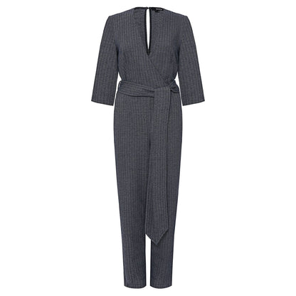 Gray Short Sleeve V-Neck Full-Length Belted Formal Jumpsuit