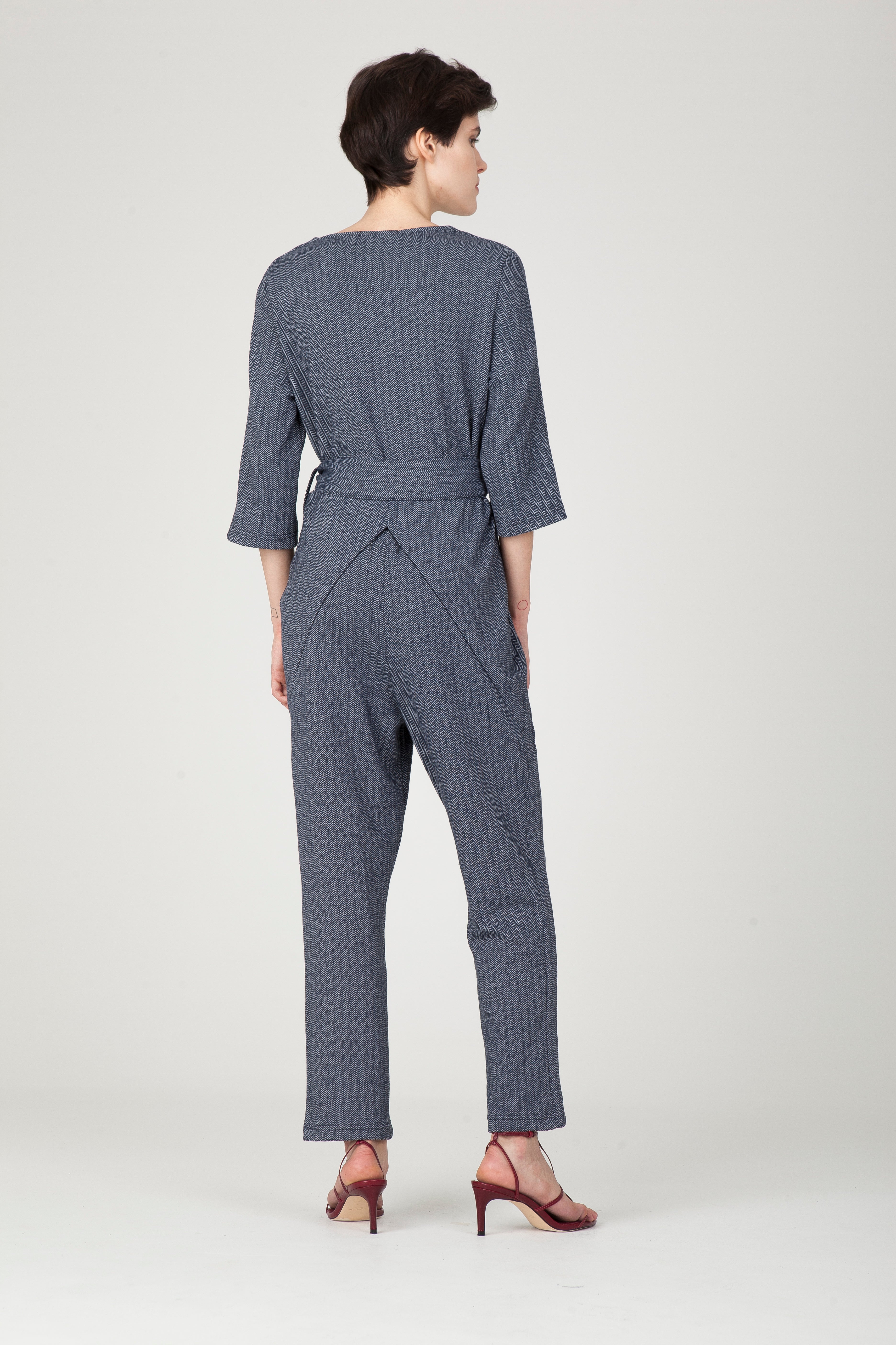 Gray Short Sleeve V-Neck Full-Length Belted Formal Jumpsuit