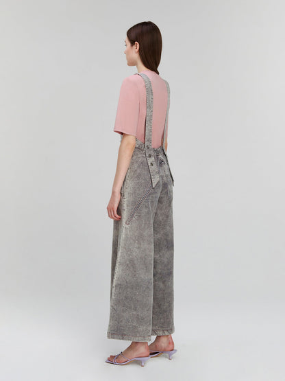 Gray Sleeveless V-Neck Denim Wide-Leg Full-Length Casual