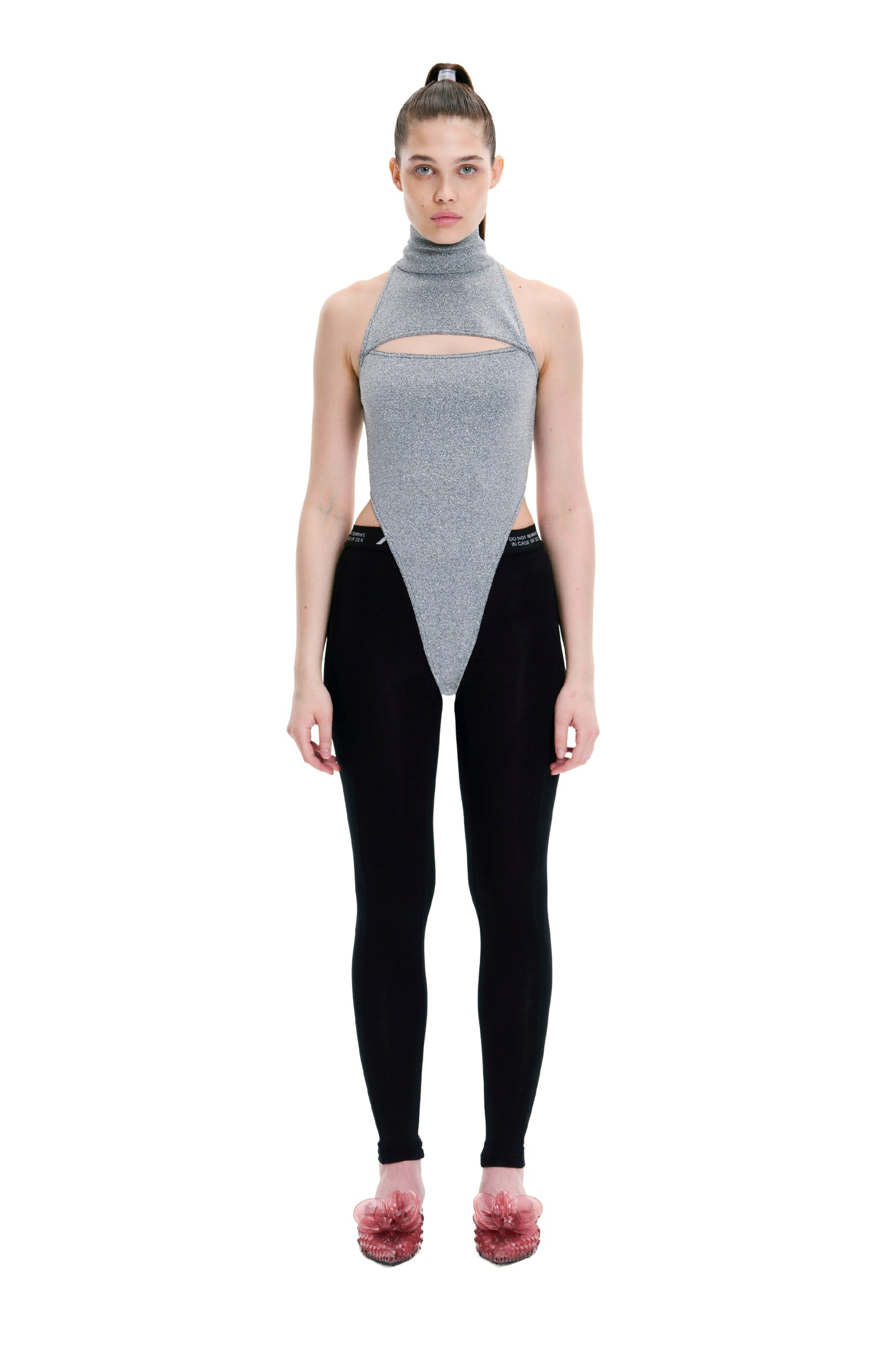 Gray Turtleneck Sleeveless Cut Out Bodysuit - Bodysuit