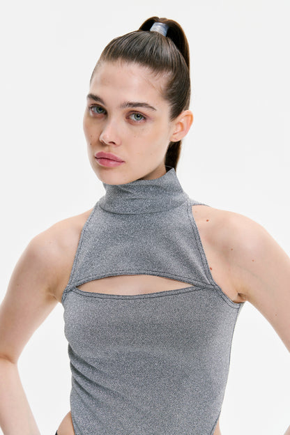 Gray Turtleneck Sleeveless Cut Out Bodysuit - Bodysuit