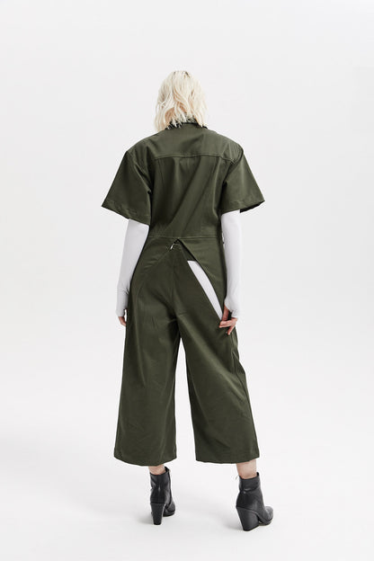 Khaki Short Sleeve Collared Belted Wide-Leg Casual Jumpsuit