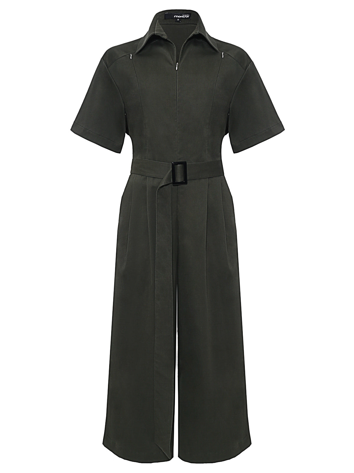 Khaki Short Sleeve Collared Belted Wide-Leg Casual Jumpsuit