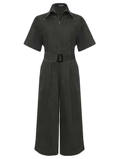 Khaki Short Sleeve Collared Belted Wide-Leg Casual Jumpsuit