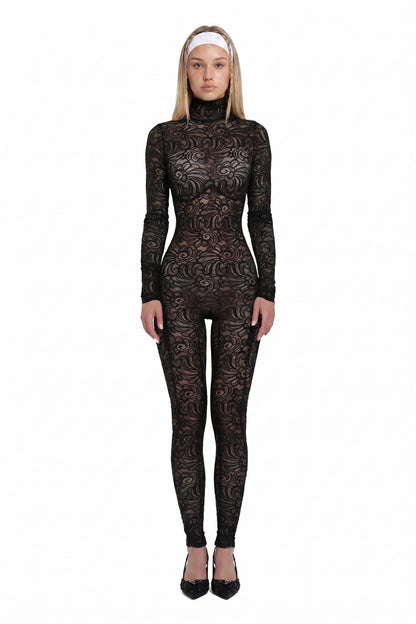 Black Floral Lace Long Sleeve Turtleneck Full Bodysuit