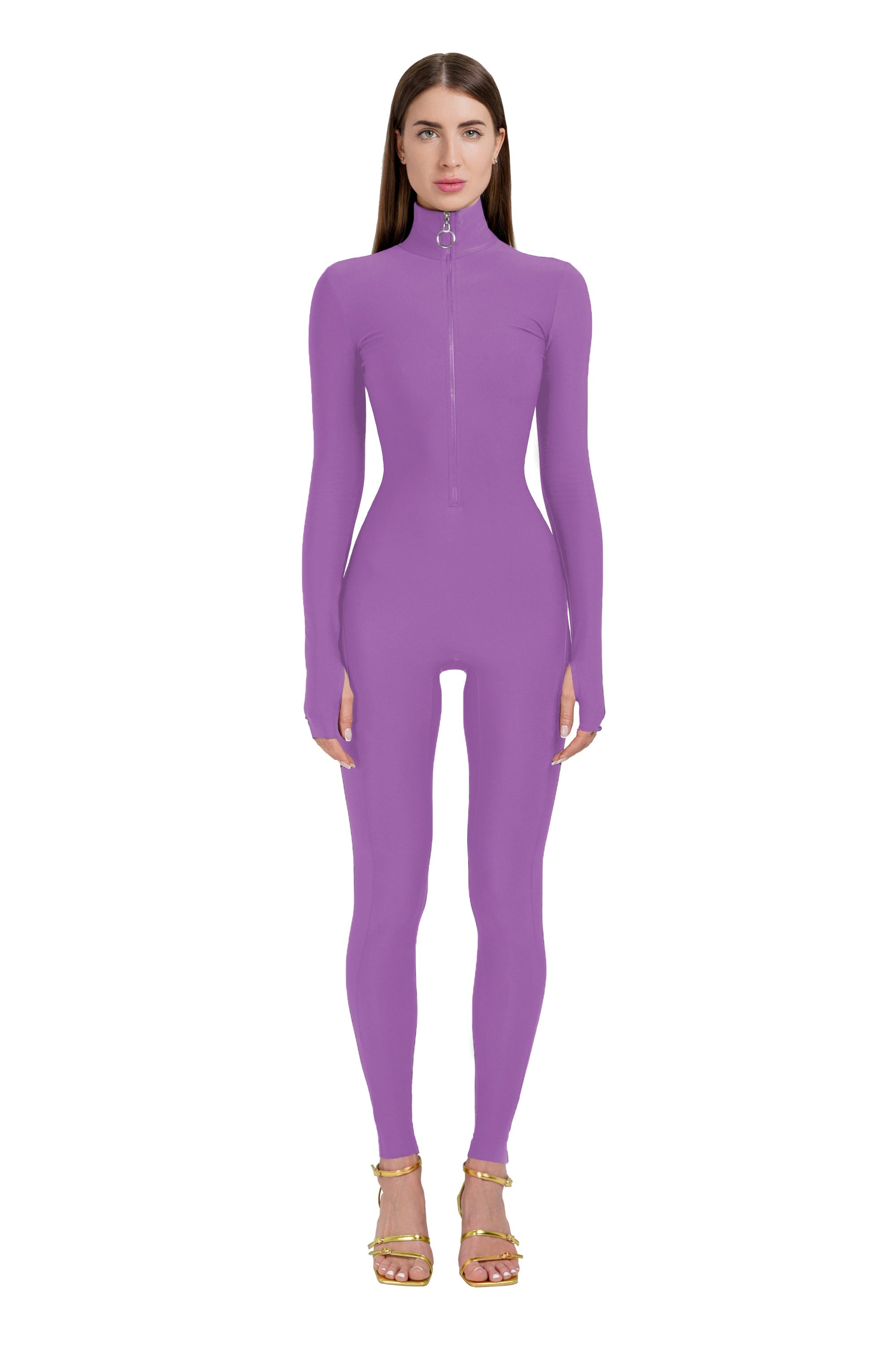 Lavander Long Sleeve Turtleneck Zip Up Full Bodysuit Total