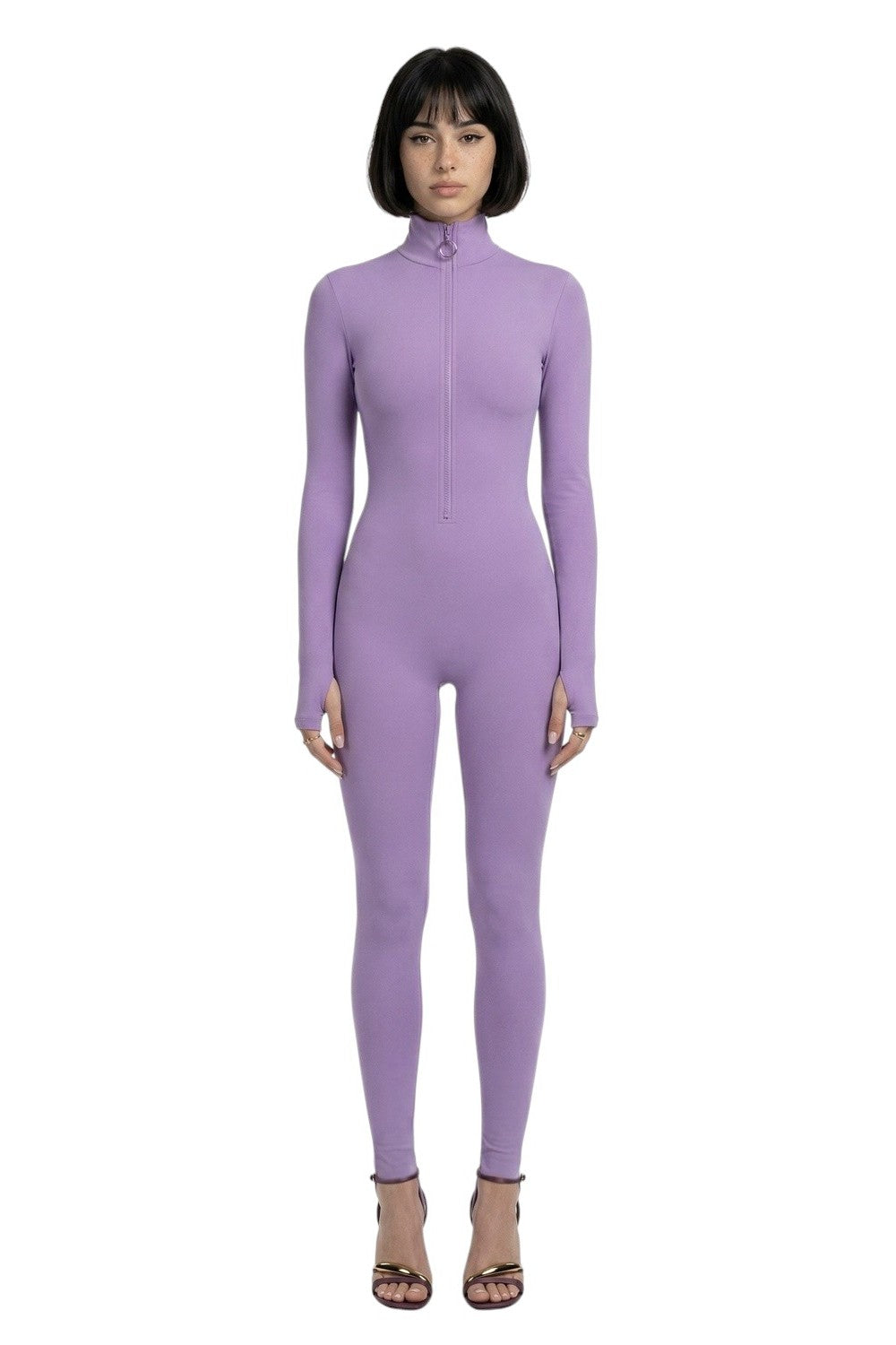 Lavender Long Sleeve Turtleneck Zip Up Full Bodysuit Total Zipper