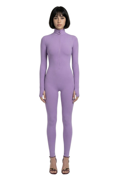 Lavender Long Sleeve Turtleneck Zip Up Full Bodysuit Total Zipper