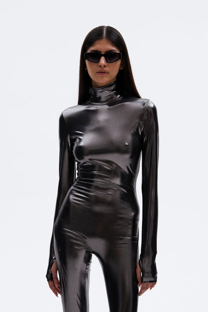 Silver Metallic Long Sleeve Turtleneck Full Bodysuit