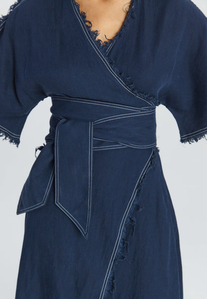 Navy 3/4 Wide Sleeve V-Neck Wrap Belted Denim Casual Kimono