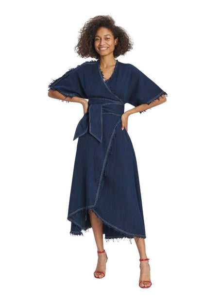 Navy 3/4 Wide Sleeve V-Neck Wrap Belted Denim Casual Kimono