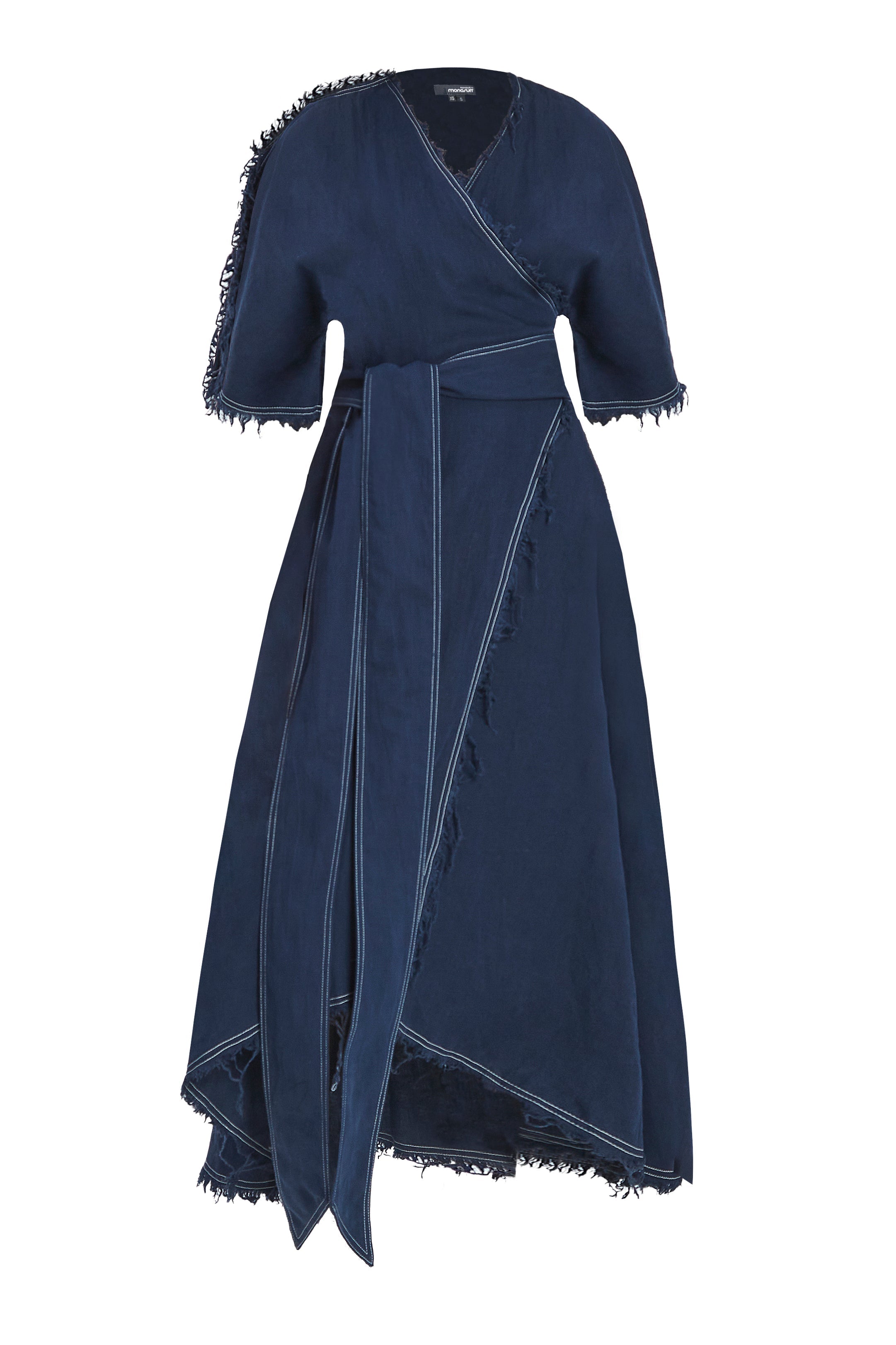 Navy 3/4 Wide Sleeve V-Neck Wrap Belted Denim Casual Kimono