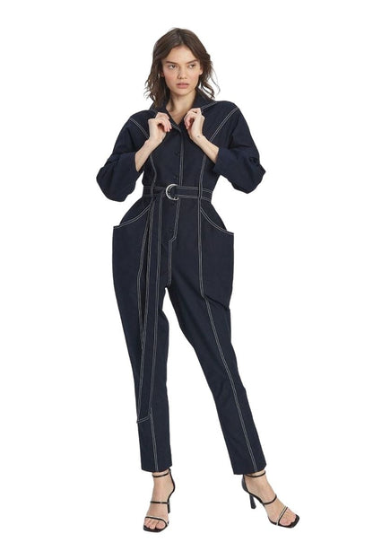 Navy Long Sleeve Collared Belted Full-Length Casual