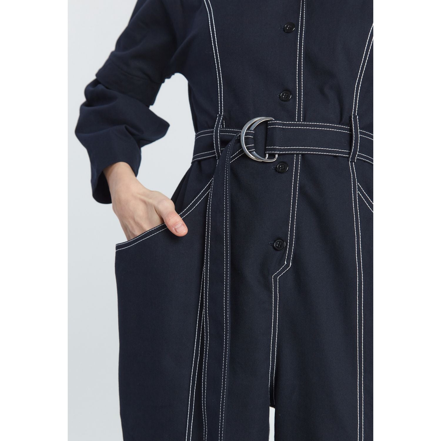 Navy Long Sleeve Collared Belted Full-Length Casual