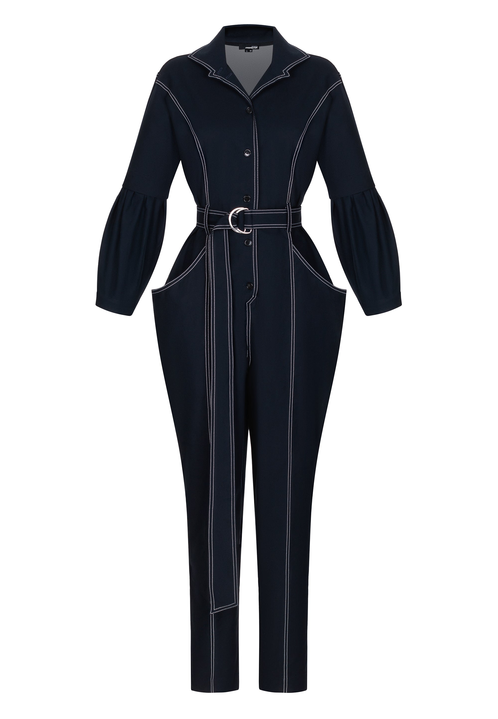 Navy Long Sleeve Collared Belted Full-Length Casual