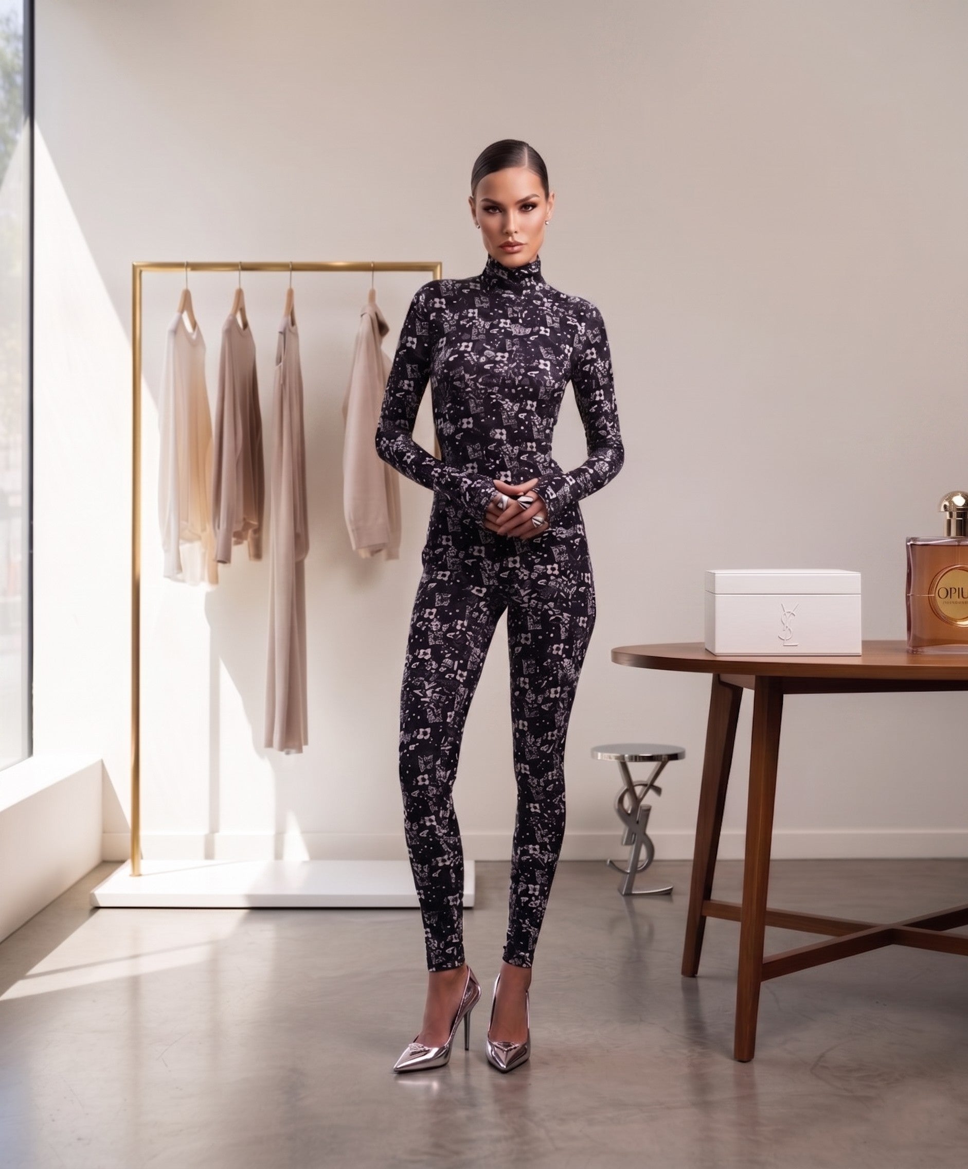 Noir Blossom Long Sleeve High Neck Full Bodysuit Total Black & White
