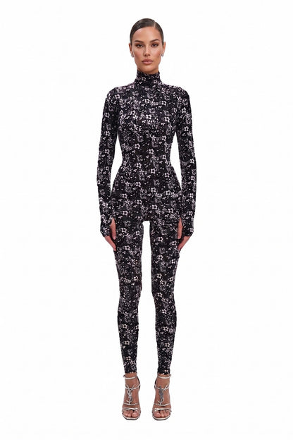 Noir Blossom Long Sleeve High Neck Full Bodysuit Total Black & White