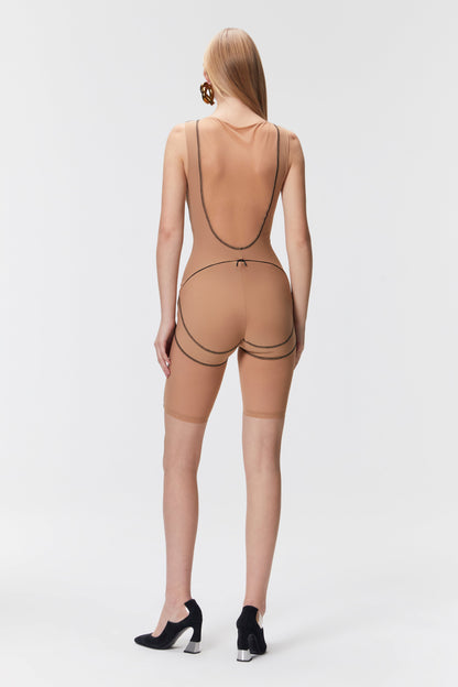 Nude Sleeveless Scoop Neck Shorts Bodysuit - Bodysuit