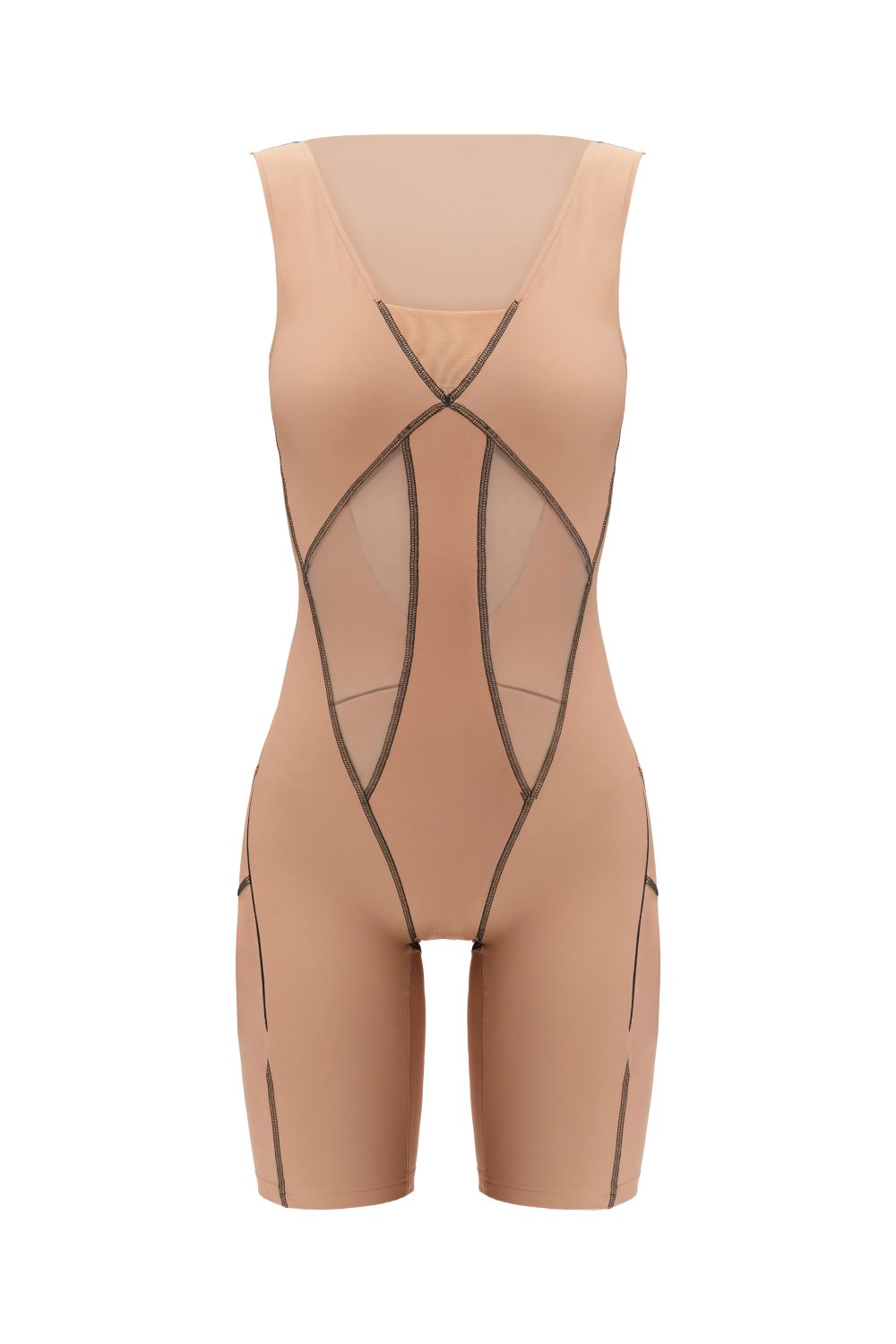 Nude Sleeveless Scoop Neck Shorts Bodysuit - Bodysuit