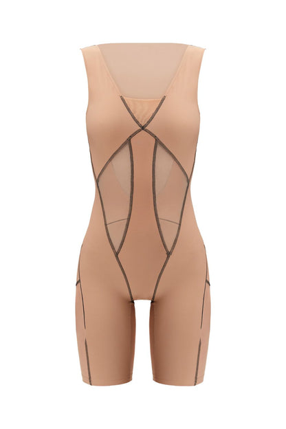 Nude Sleeveless Scoop Neck Shorts Bodysuit - Bodysuit