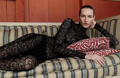 Black Floral Lace Long Sleeve Turtleneck Full Bodysuit