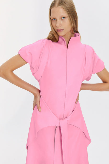 Pink Kimono Sleeve High Neck Asymmetrical Belted Futuristic