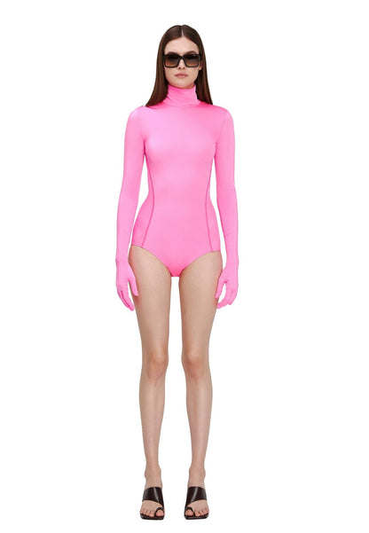 Pink Long Sleeve Turtleneck Bodysuit with Gloves - Bodysuit