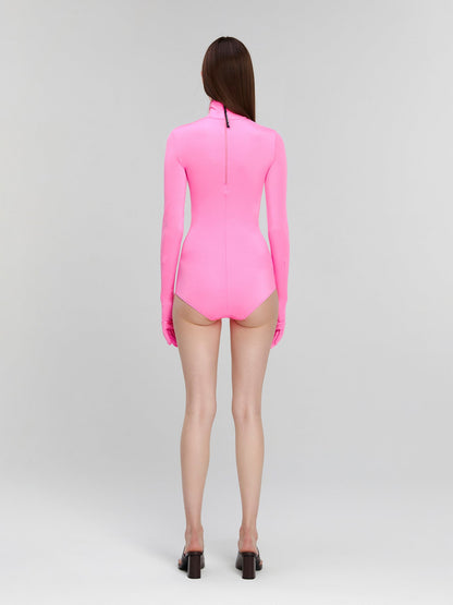 Pink Long Sleeve Turtleneck Bodysuit with Gloves - Bodysuit