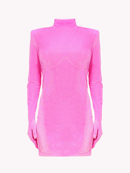 Pink Long Sleeve Turtleneck Velvet Bodycon Party Mini Dress