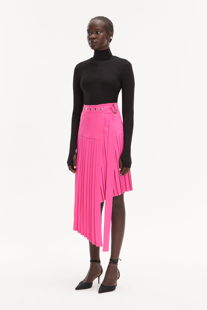 Pink Midi High-Waist Asymmetrical Pleated Skirt - Skirts