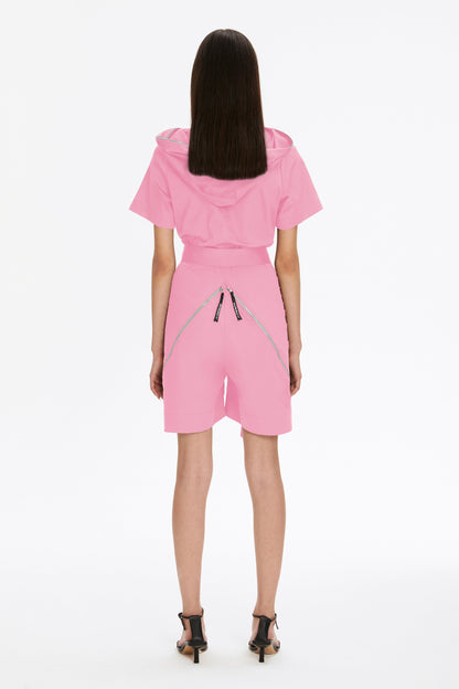 Pink Short Sleeve Hooded Short Belted Casual Jumpsuit GAGA