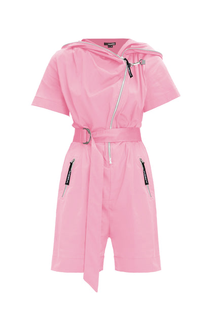 Pink Short Sleeve Hooded Short Belted Casual Jumpsuit GAGA