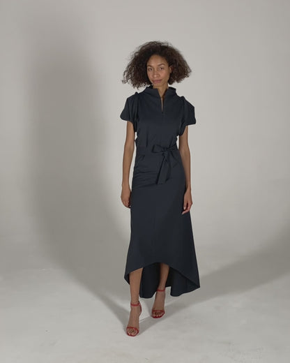 Gray Kimono Sleeve High Neck Asymmetrical Belted Futuristic Maxi Dress