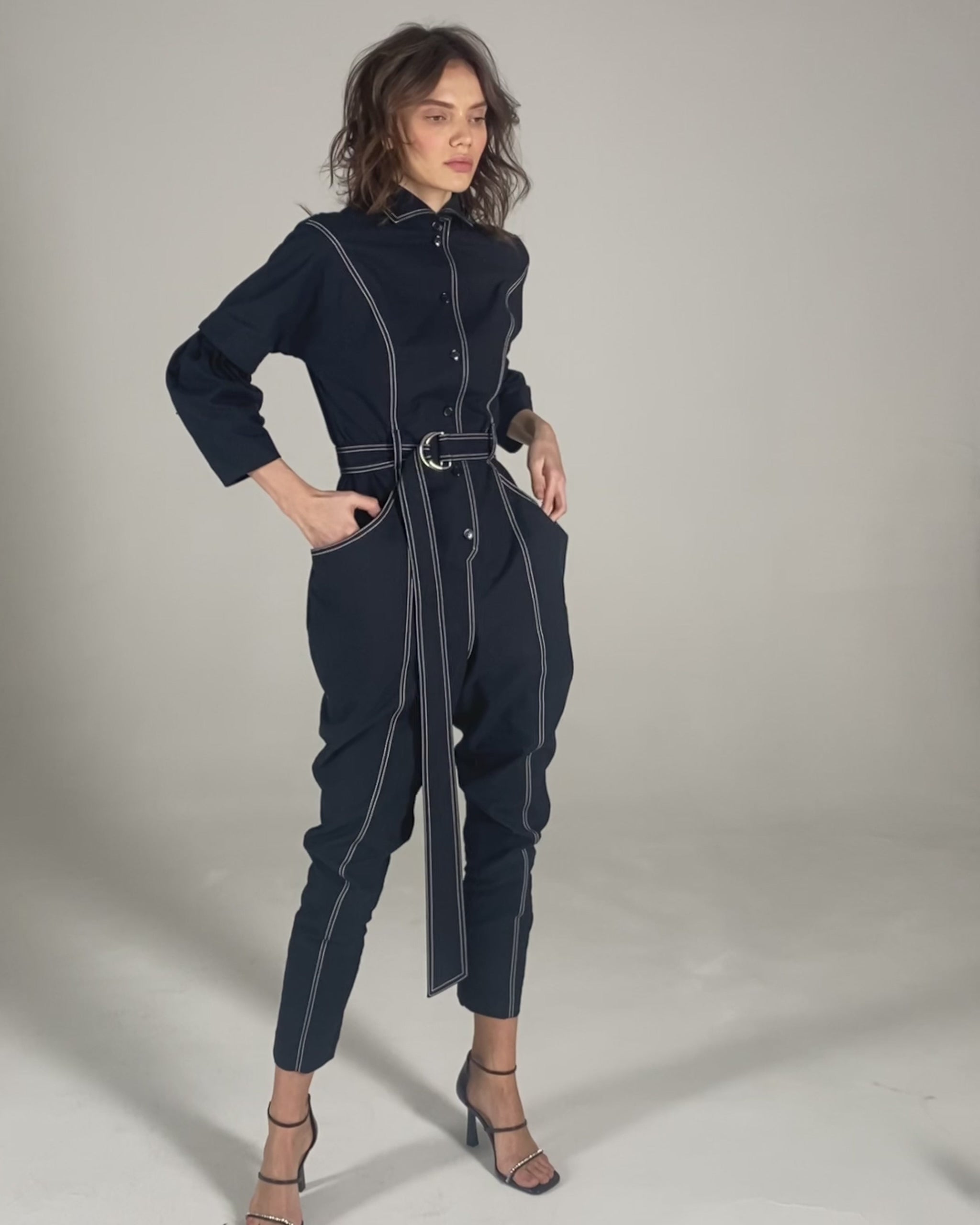 Navy Long Sleeve Collared Belted Full-Length Casual Jumpsuit KIOTO