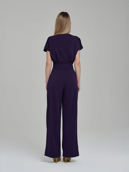 Purple Short Sleeve Boat Neck Wide-Leg Full-Length Formal