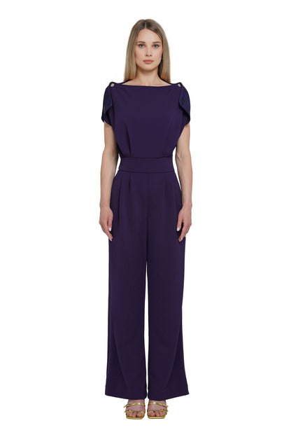 Purple Short Sleeve Boat Neck Wide-Leg Full-Length Formal