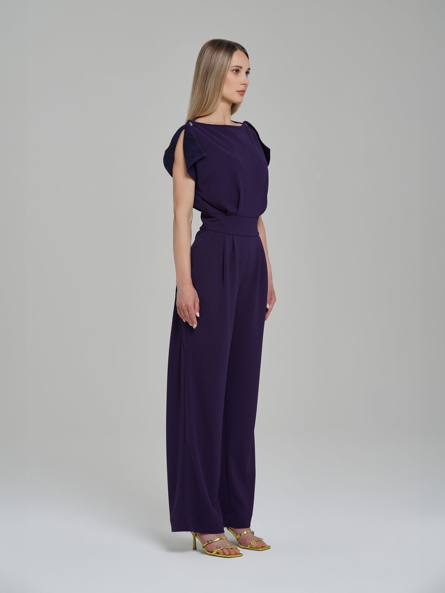 Purple Short Sleeve Boat Neck Wide-Leg Full-Length Formal